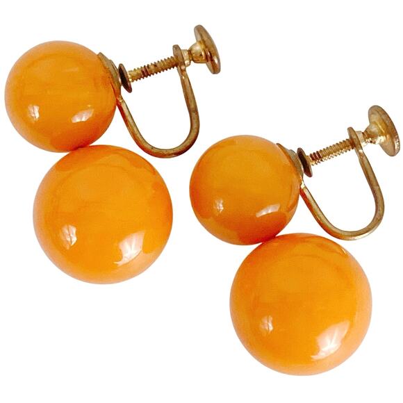 VTG 1950s Lucite Orange Atomic Screw Back Earrings Gold Tone Double Bead - Picture 1 of 8